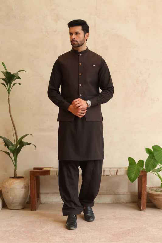 Dark Espresso Brown Shalwar Kameez with Waistcoat - A-Line Cut - Men