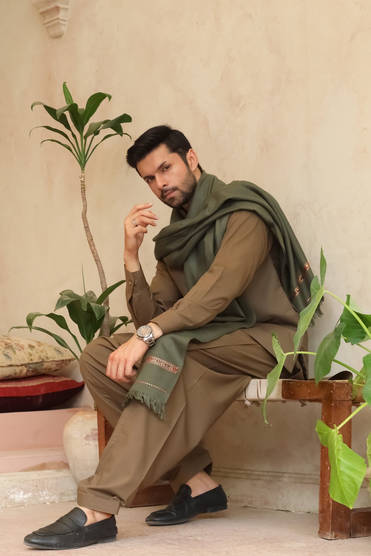 Muted Olive Green Acrylic Shawl - Men