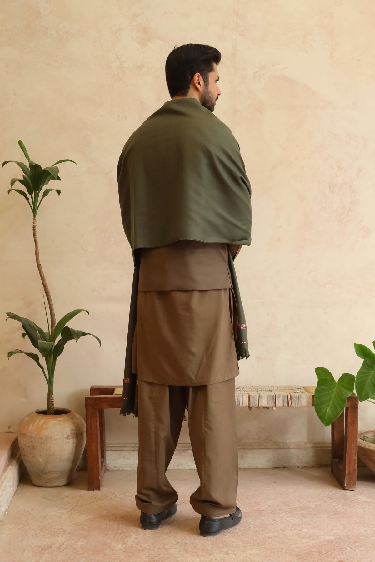 Muted Olive Green Acrylic Shawl - Men