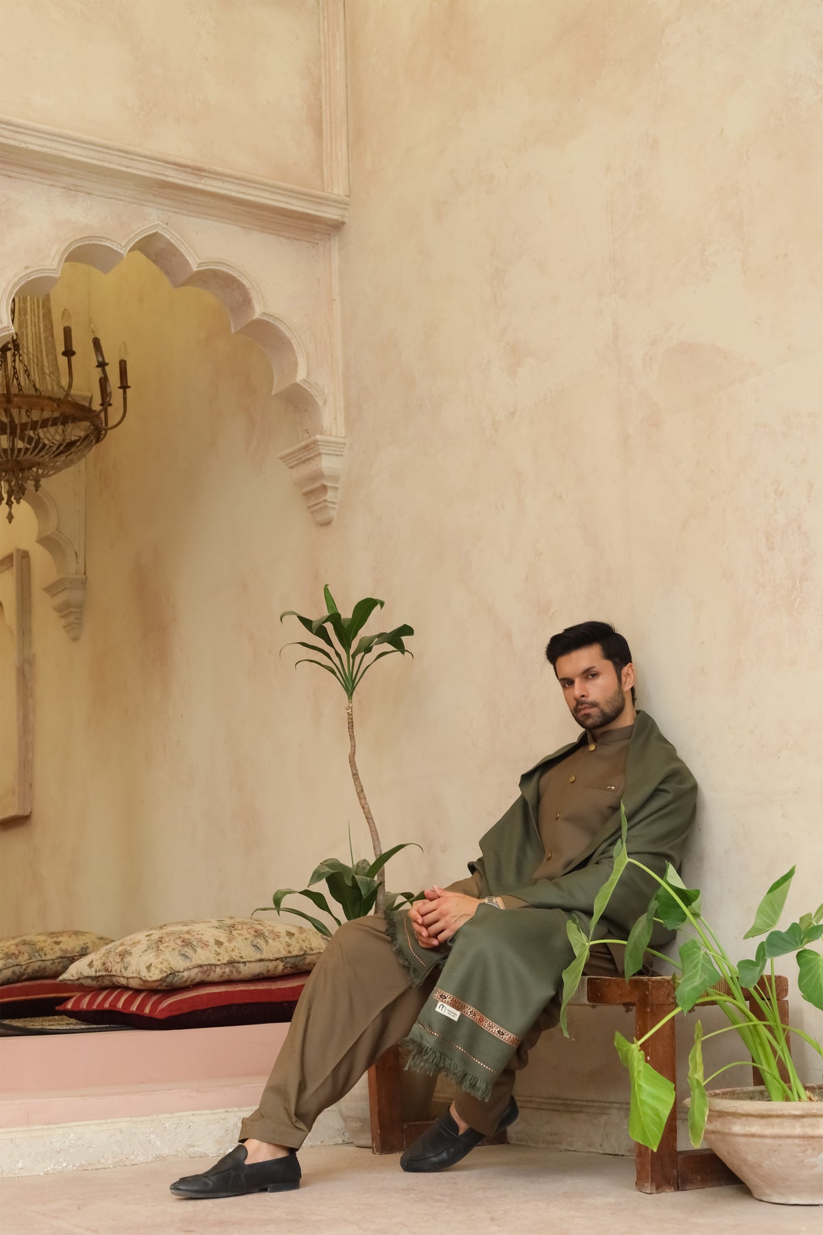 Muted Olive Green Acrylic Shawl - Men