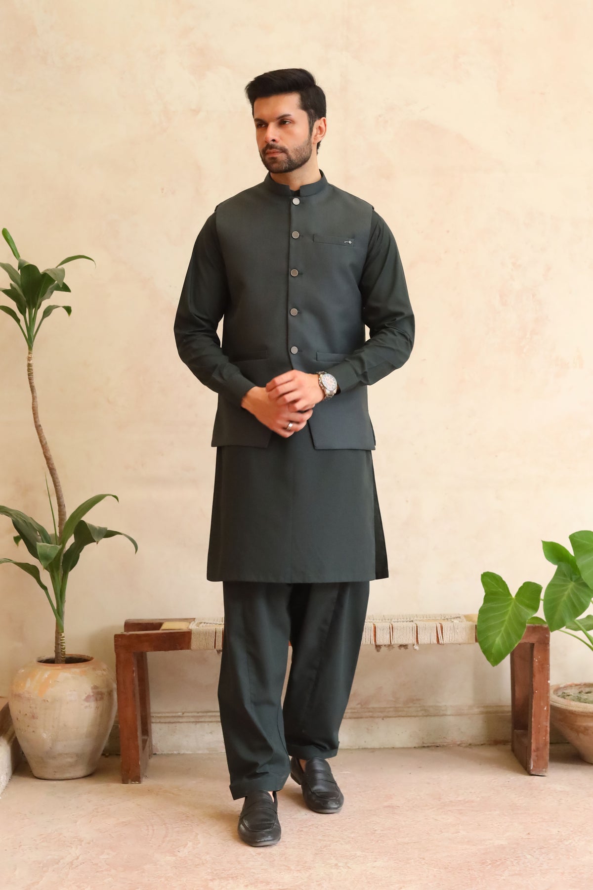 Deep Bottle Green Shalwar Kameez with Waistcoat - A-Line Cut - Men