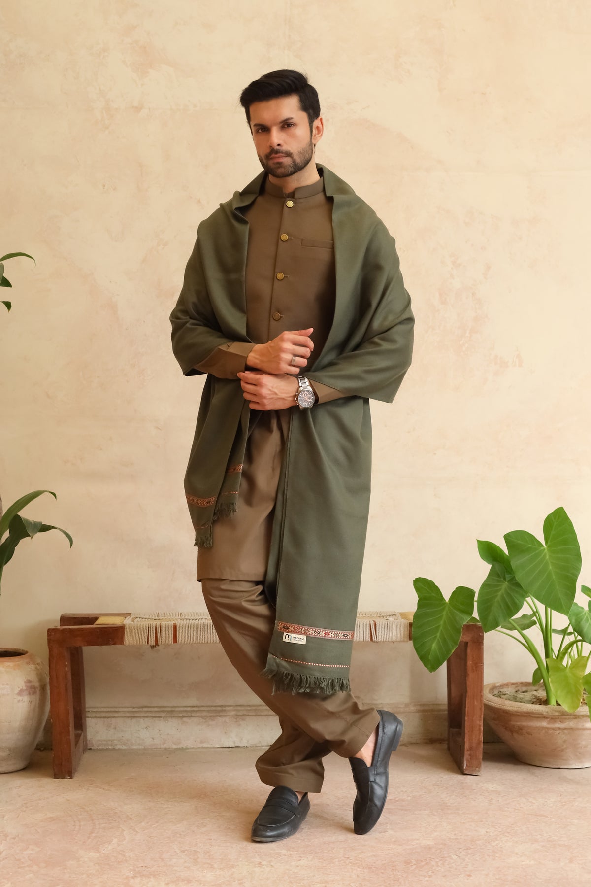 Muted Olive Green Acrylic Shawl - Men