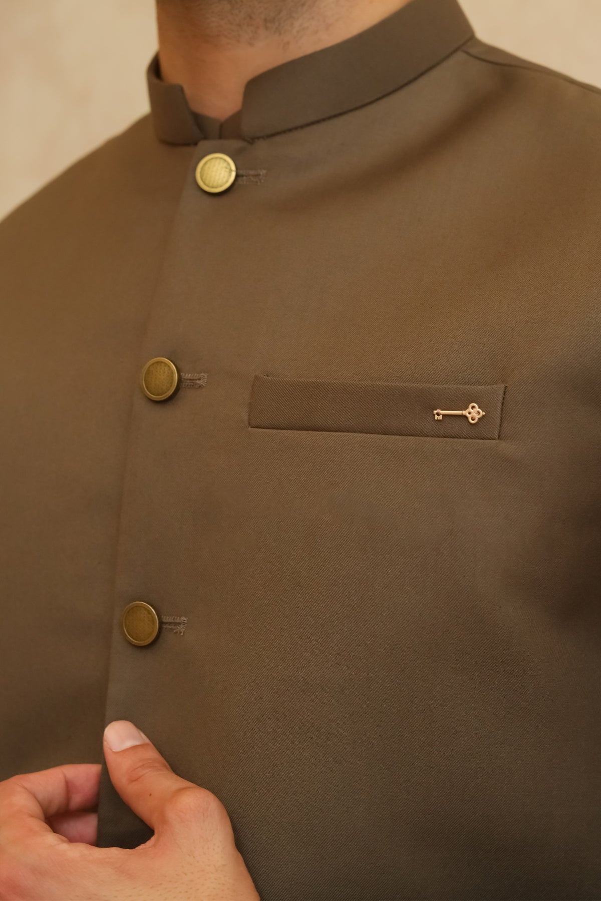 Olive Brown Shalwar Kameez with Waistcoat - A-Line Cut - Men