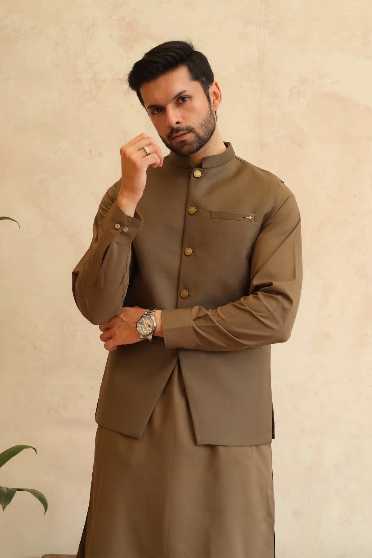 Olive Brown Shalwar Kameez with Waistcoat - A-Line Cut - Men