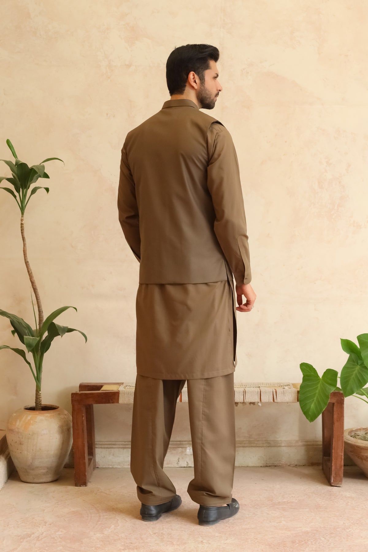 Olive Brown Shalwar Kameez with Waistcoat - A-Line Cut - Men