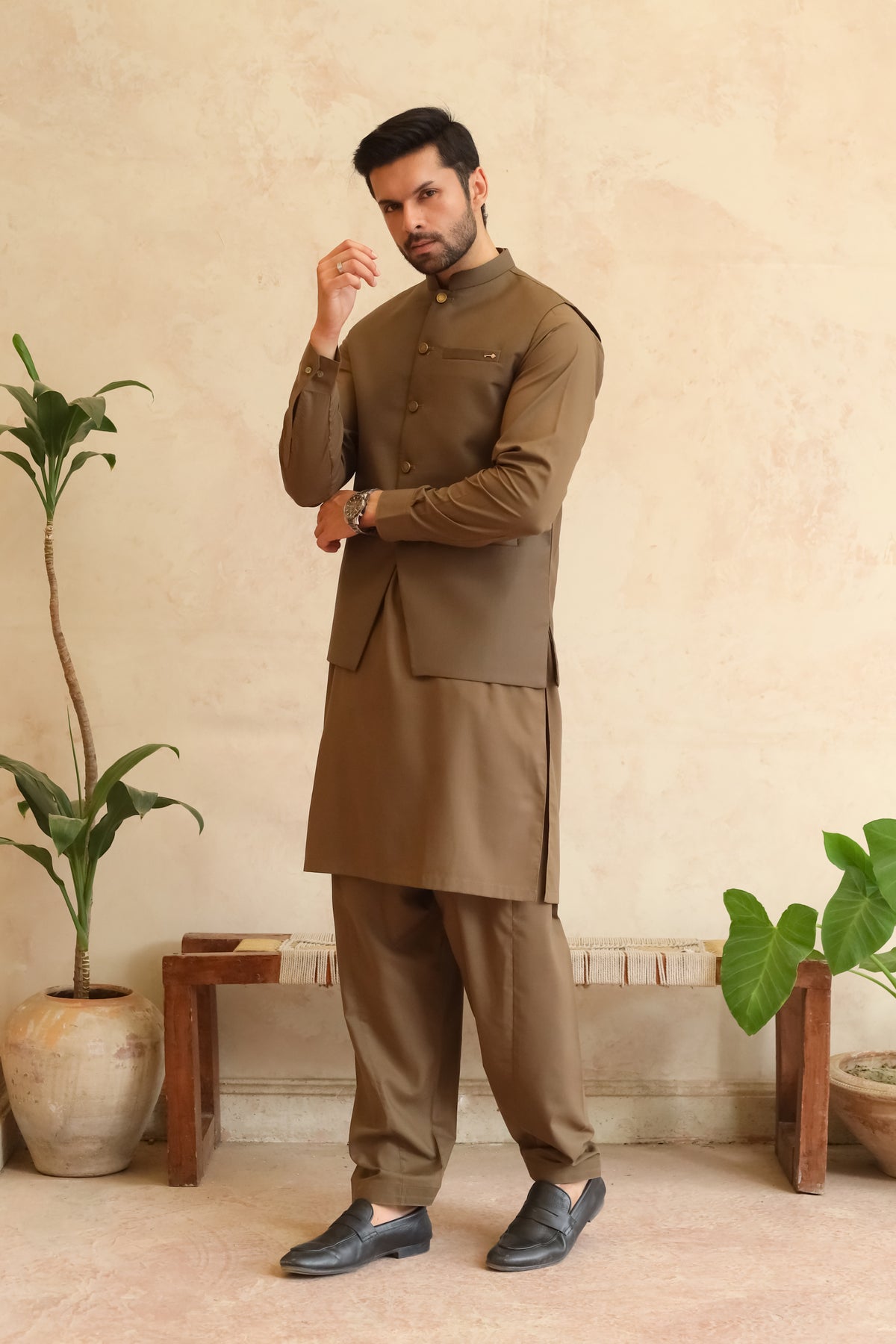Olive Brown Shalwar Kameez with Waistcoat - A-Line Cut - Men