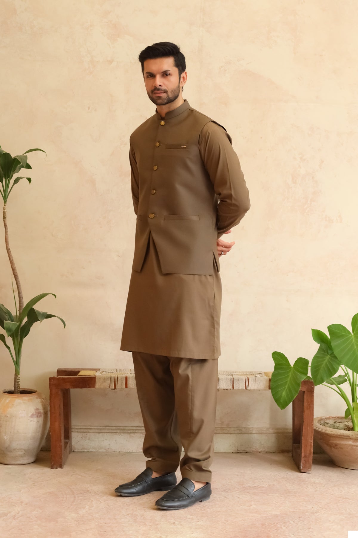 Olive Brown Shalwar Kameez with Waistcoat - A-Line Cut - Men