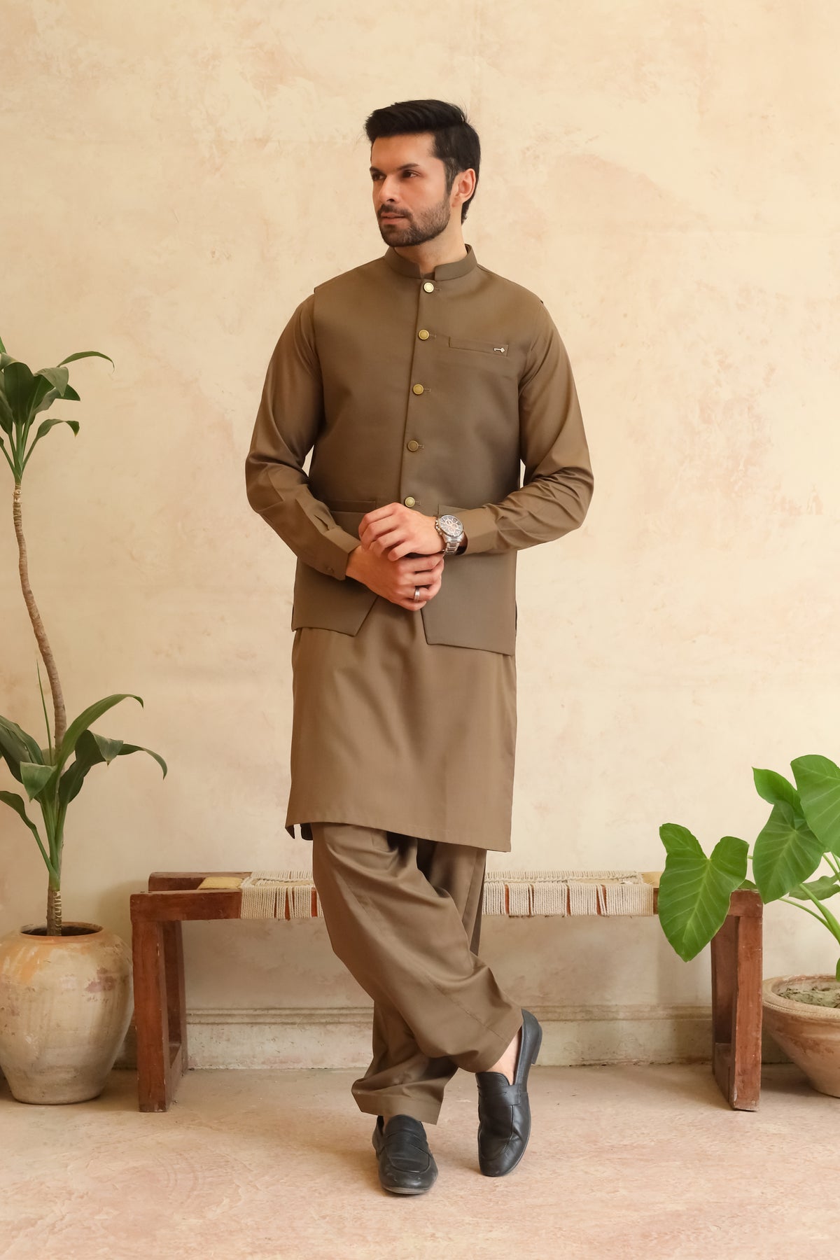 Olive Brown Shalwar Kameez with Waistcoat - A-Line Cut - Men