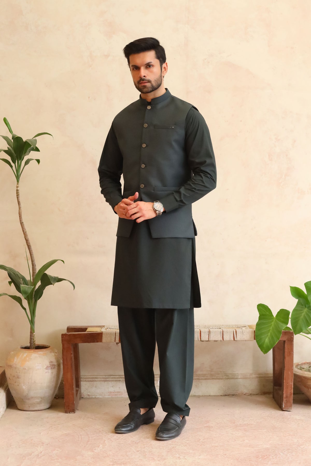 Deep Bottle Green Shalwar Kameez with Waistcoat - A-Line Cut - Men