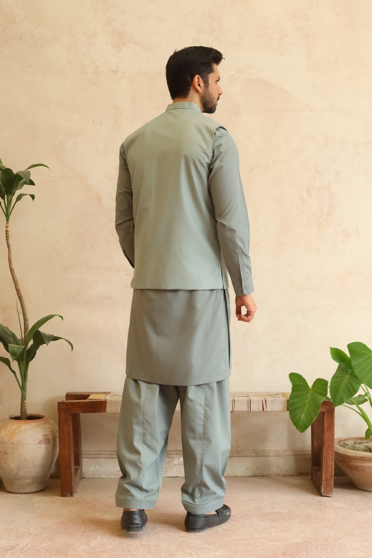 Misty Green Shalwar Kameez with Waistcoat - A-Line Cut - Men