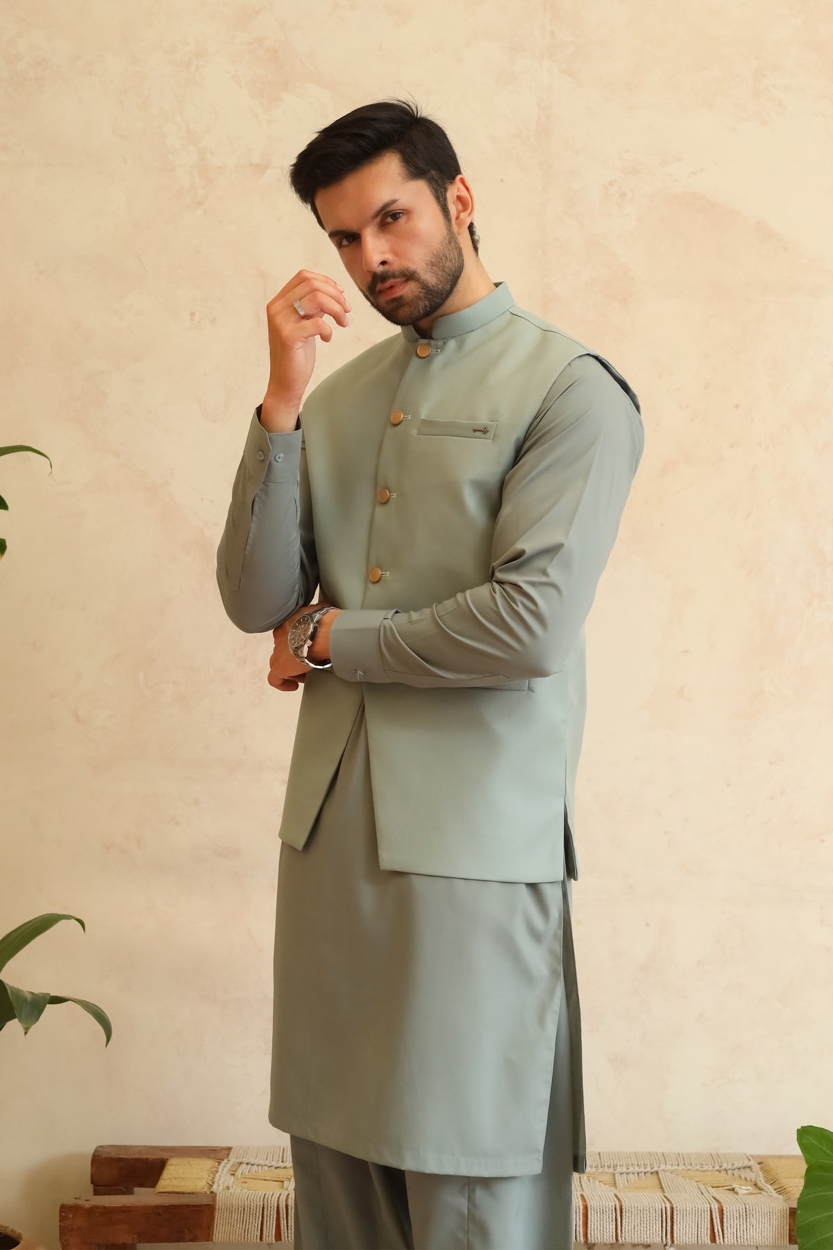 Misty Green Shalwar Kameez with Waistcoat - A-Line Cut - Men