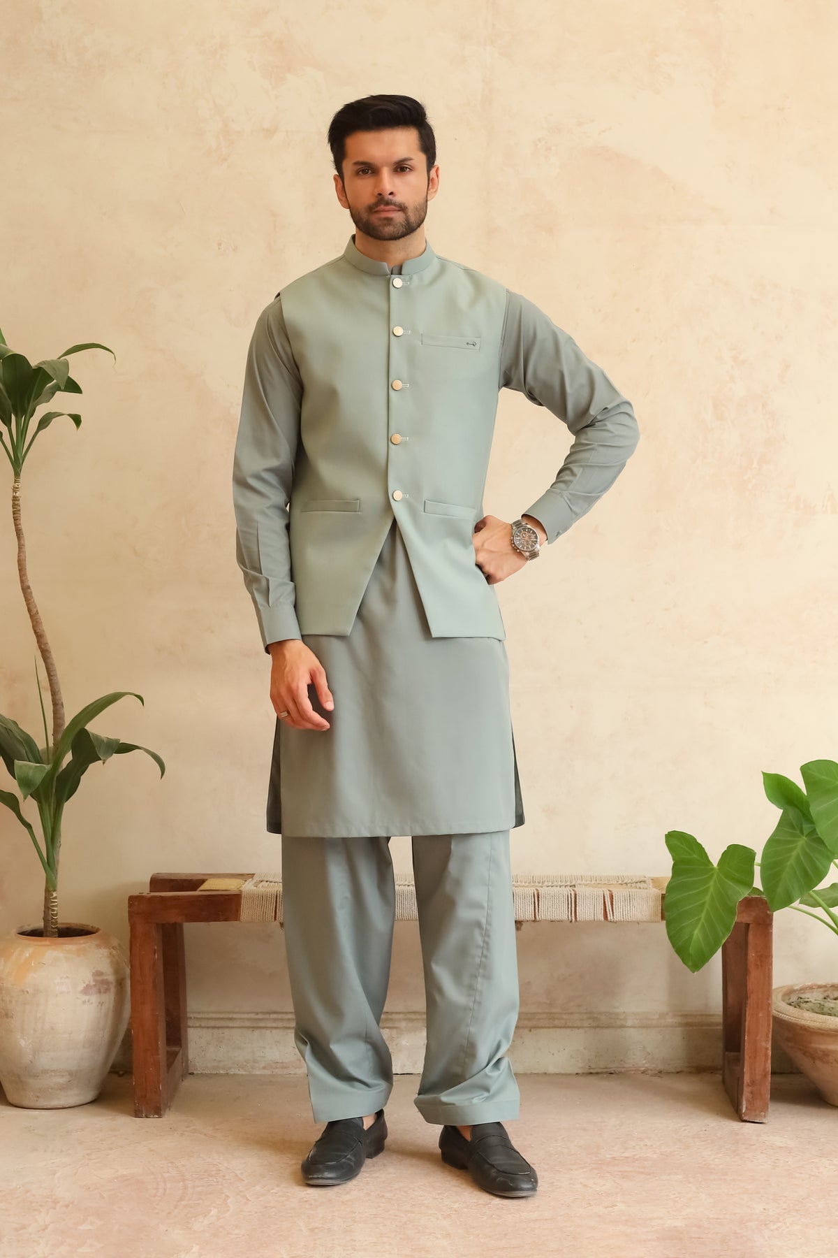 Misty Green Shalwar Kameez with Waistcoat - A-Line Cut - Men