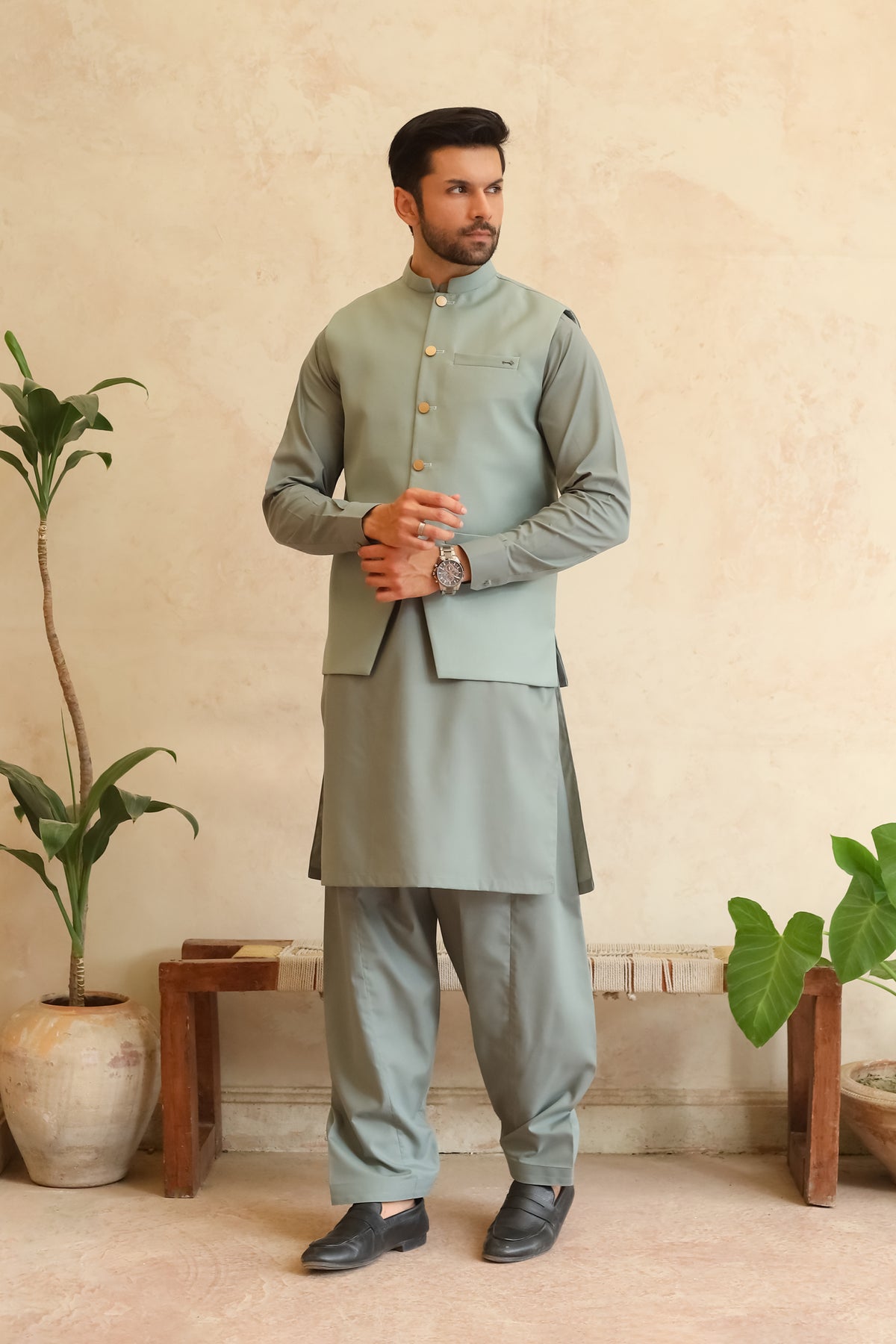Misty Green Shalwar Kameez with Waistcoat - A-Line Cut - Men