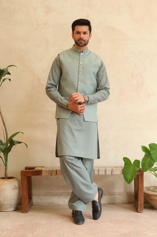 Misty Green Shalwar Kameez with Waistcoat - A-Line Cut - Men