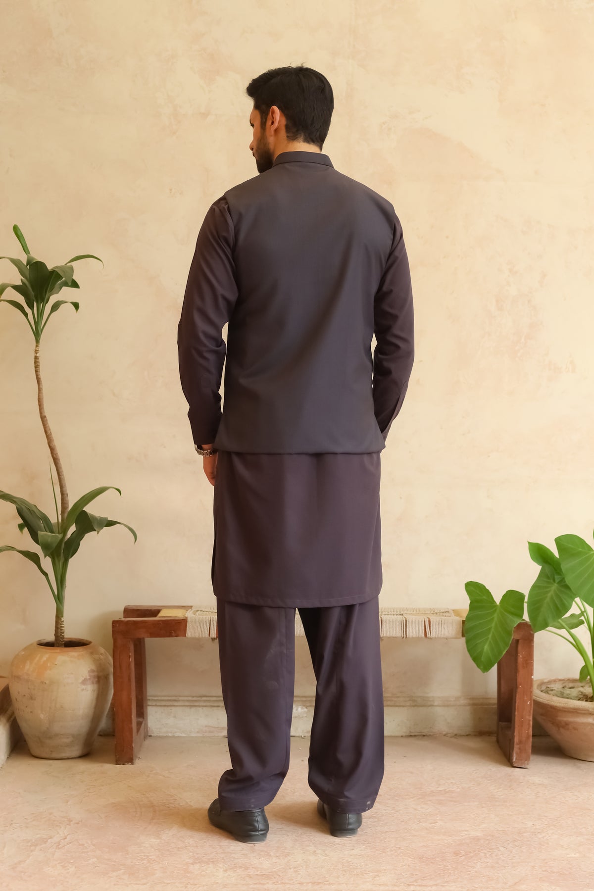 Deep Burgundy Shalwar Kameez with Waistcoat - A-Line Cut - Men