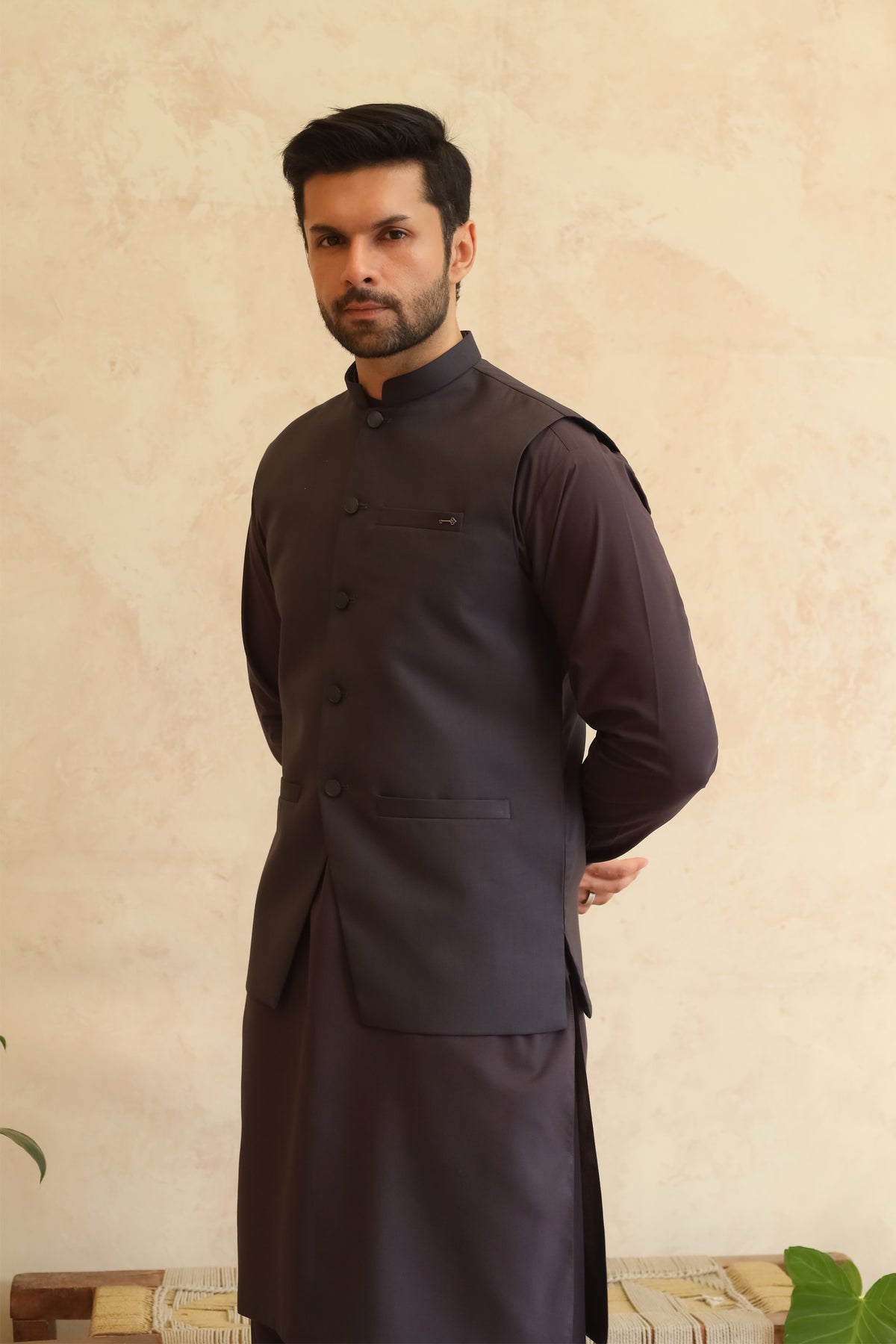 Deep Burgundy Shalwar Kameez with Waistcoat - A-Line Cut - Men