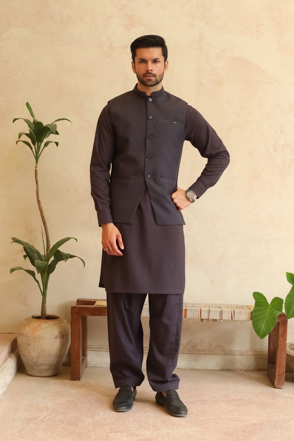 Deep Burgundy Shalwar Kameez with Waistcoat - A-Line Cut - Men