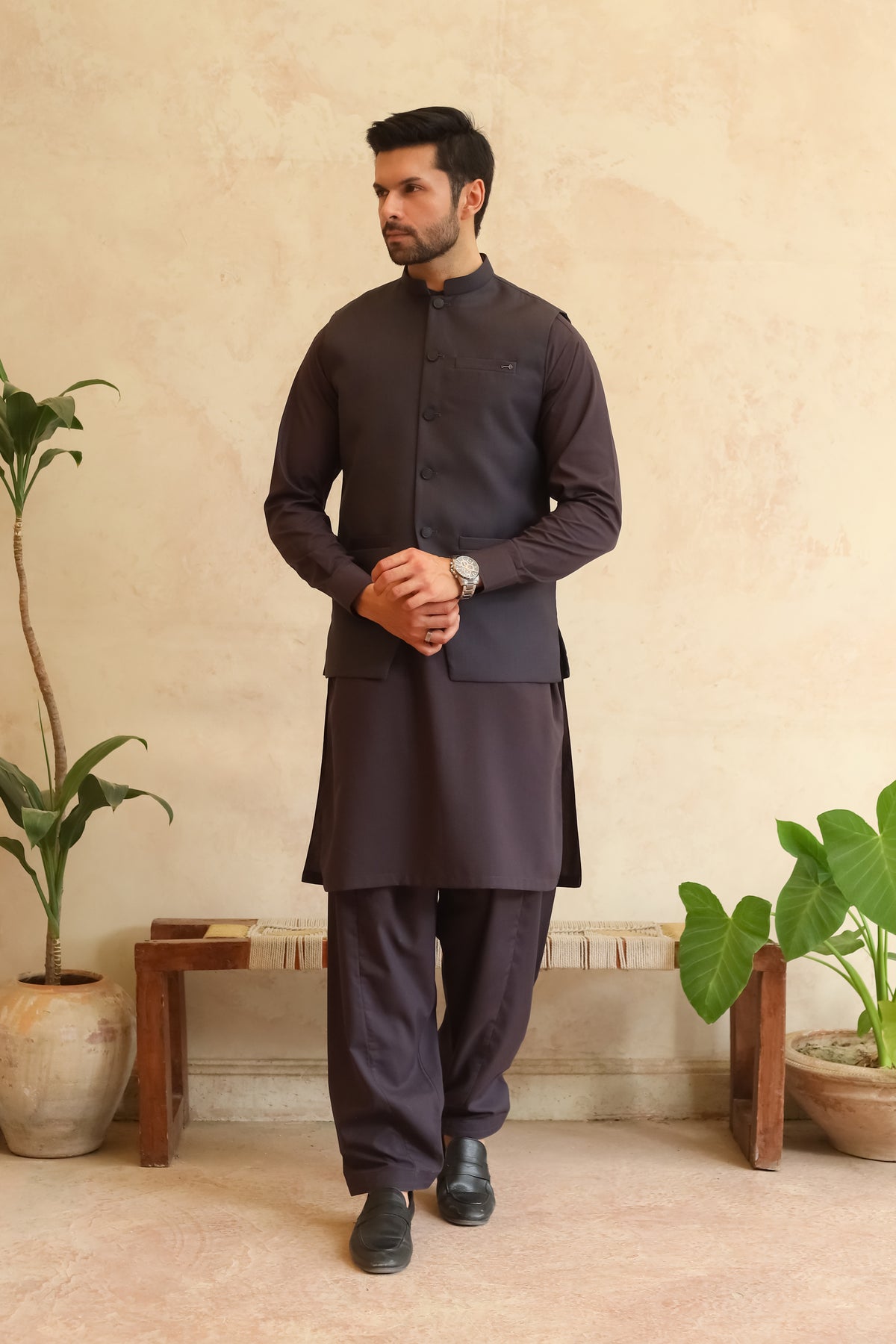 Deep Burgundy Shalwar Kameez with Waistcoat - A-Line Cut - Men