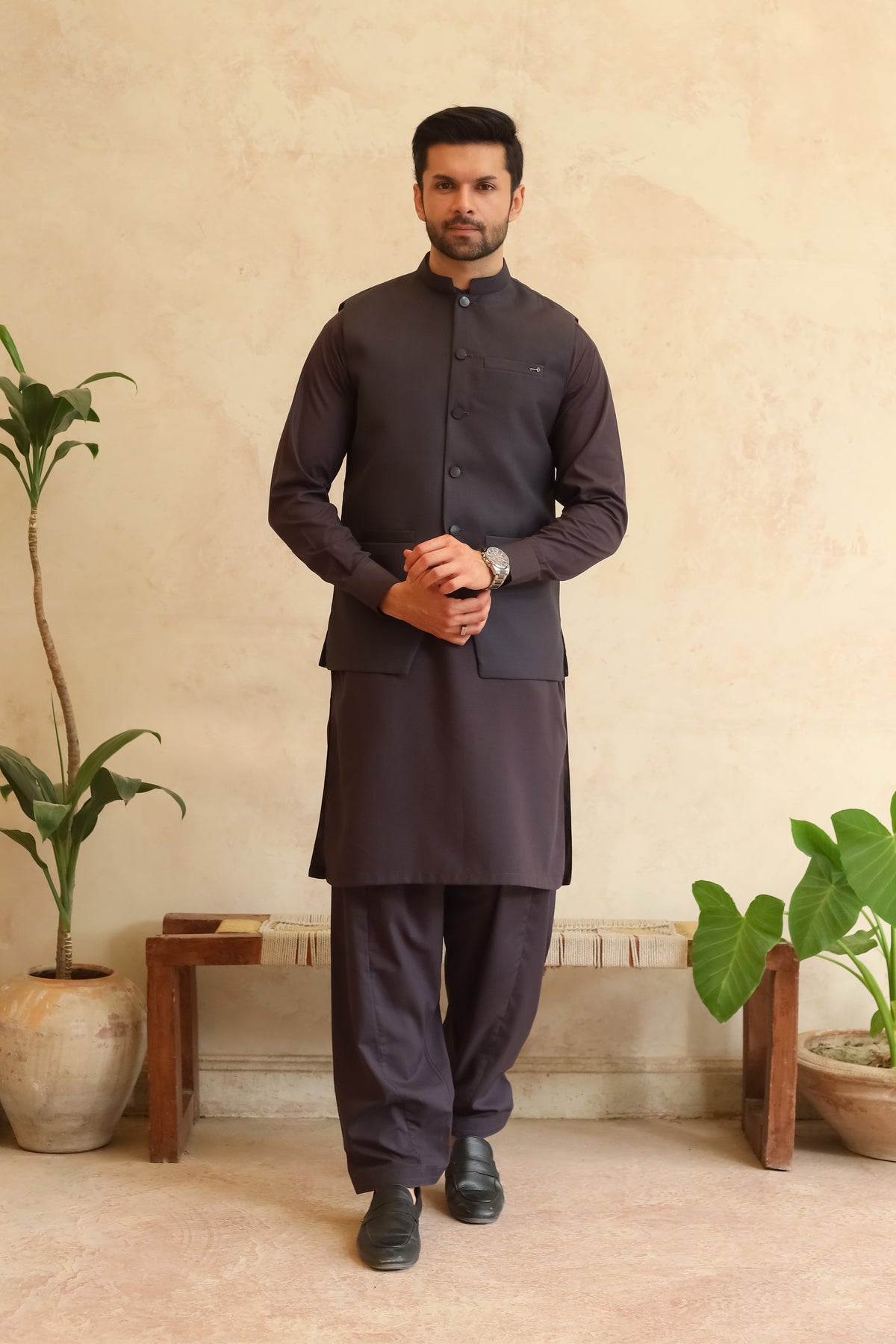Deep Burgundy Shalwar Kameez with Waistcoat - A-Line Cut - Men