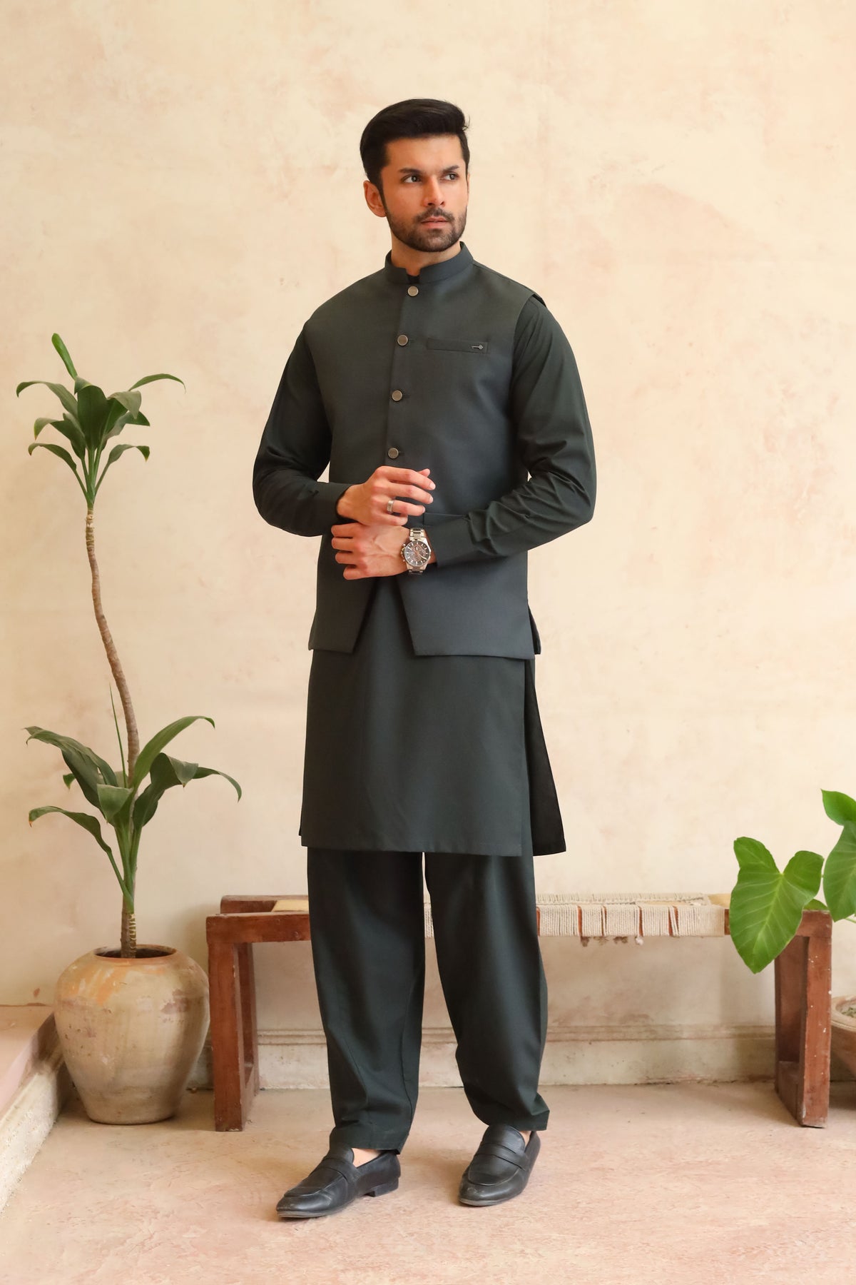 Deep Bottle Green Shalwar Kameez with Waistcoat - A-Line Cut - Men