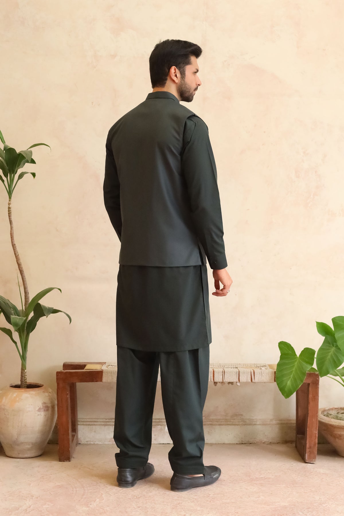 Deep Bottle Green Shalwar Kameez with Waistcoat - A-Line Cut - Men
