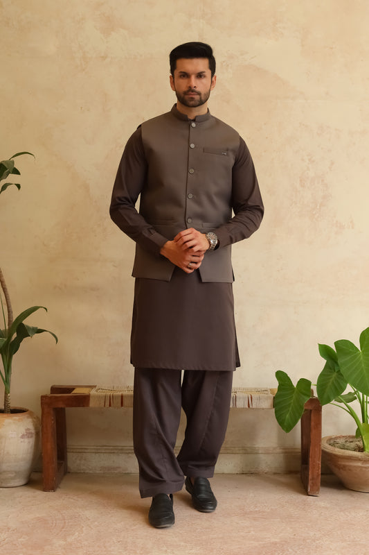 Charcoal Gray Shalwar Kameez with Waistcoat - A-Line Cut - Men