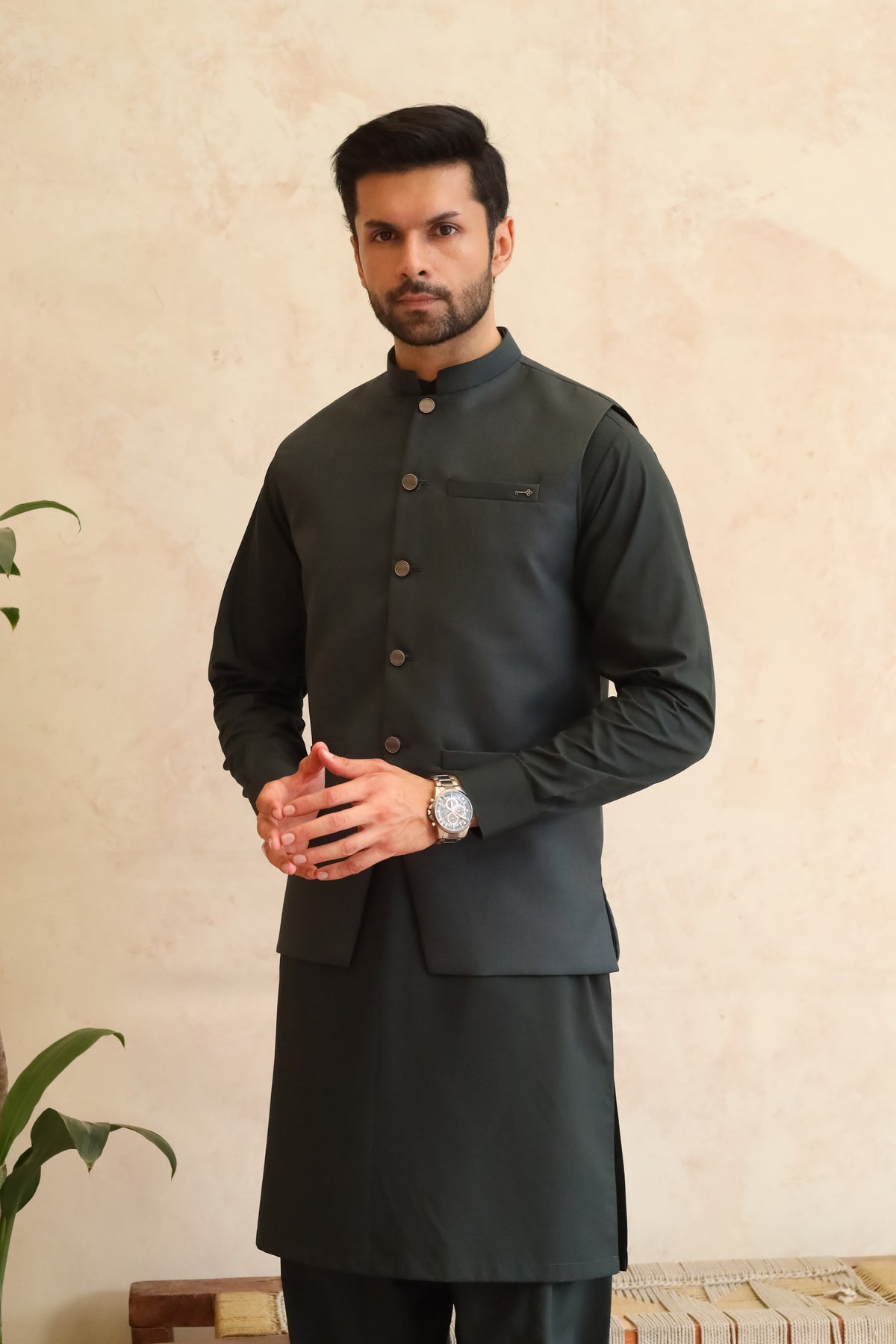 Deep Bottle Green Shalwar Kameez with Waistcoat - A-Line Cut - Men