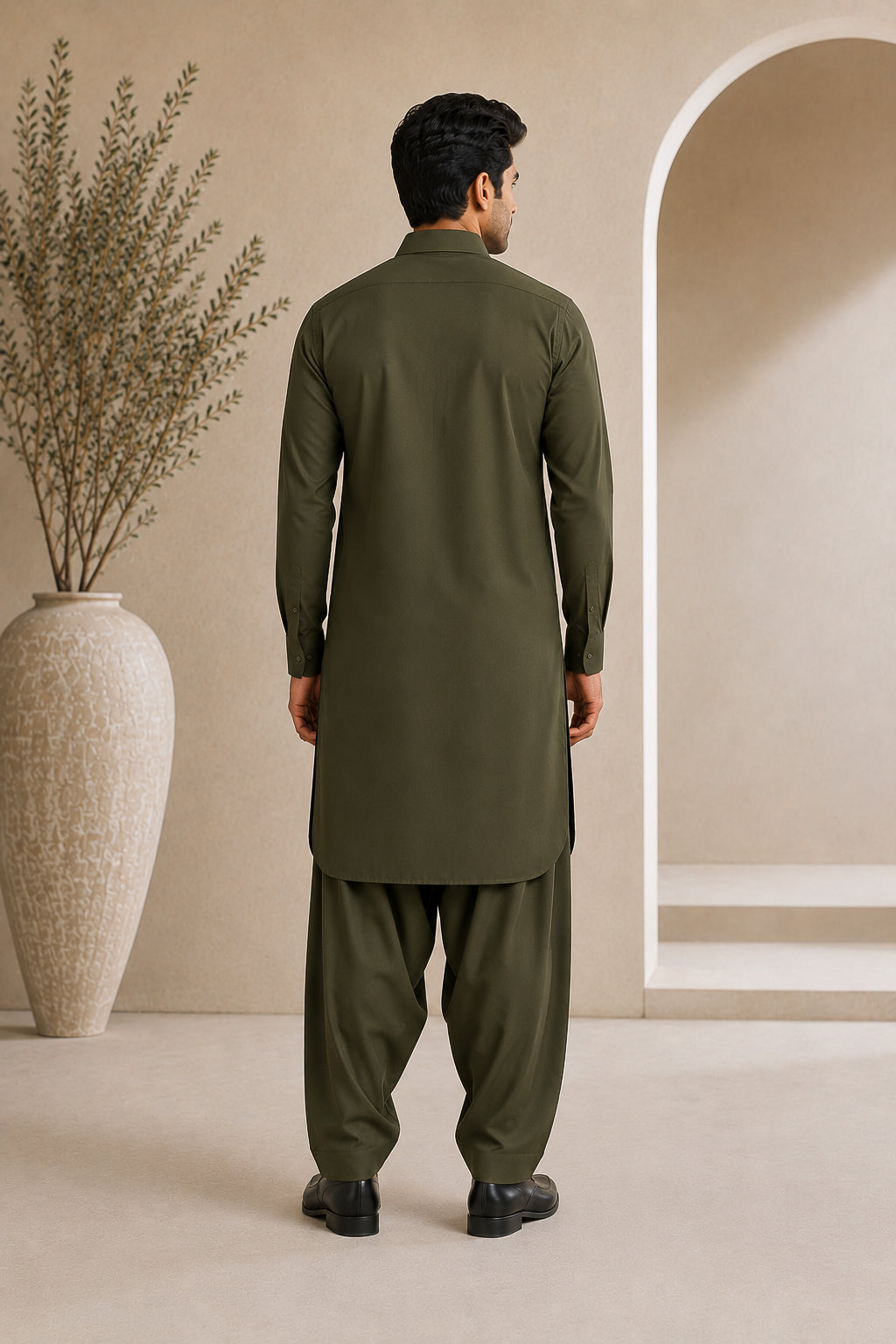 Army Green French Collar Shalwar Kameez - Stitched