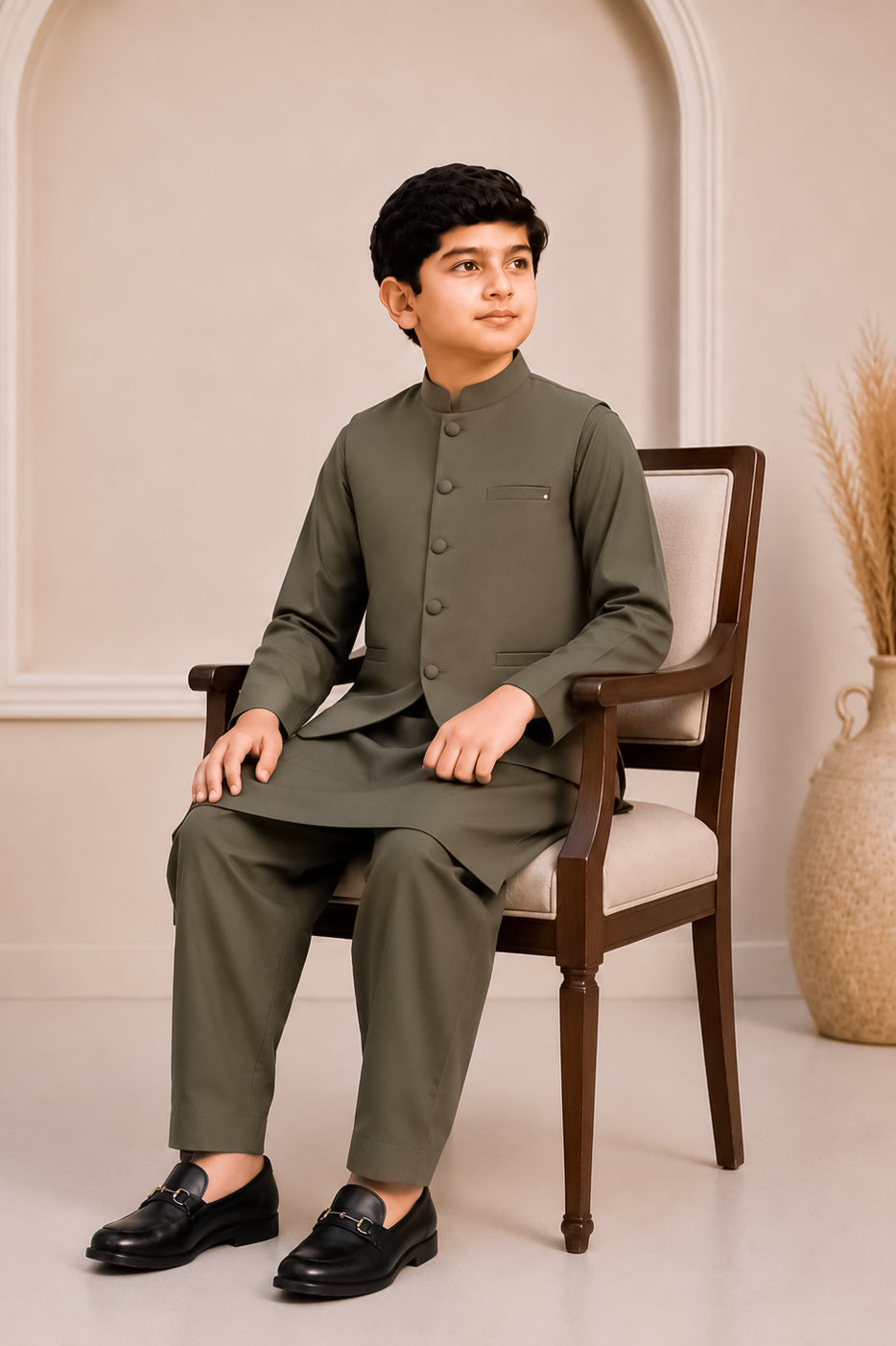 Army Green Kurta Trouser with Blended Waistcoat - Round Cut & Matching Fabric Buttons - Kids