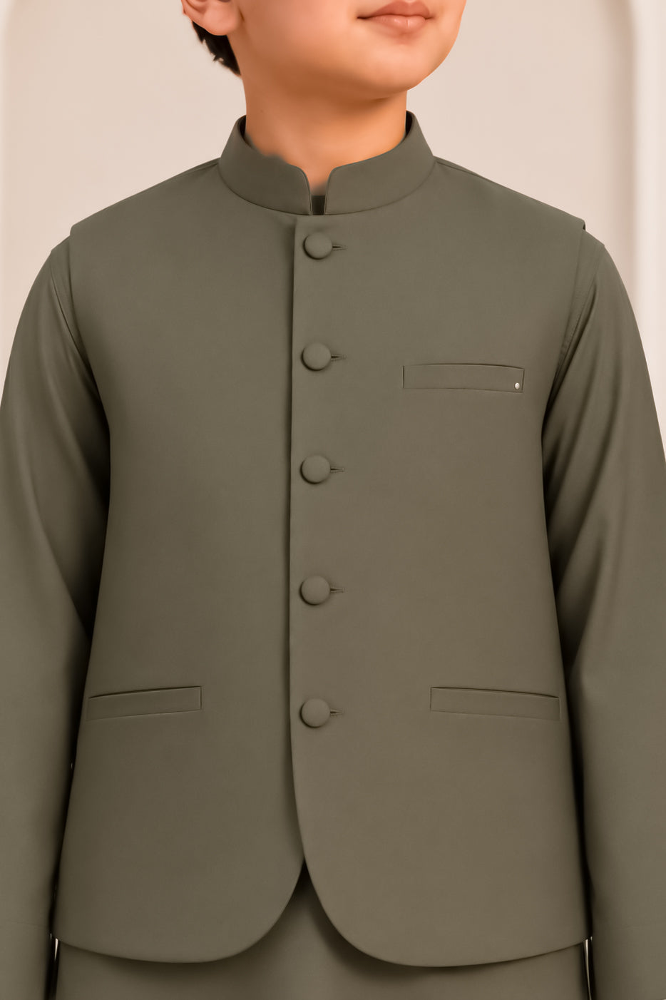 Army Green Kurta Trouser with Blended Waistcoat - Round Cut & Matching Fabric Buttons - Kids