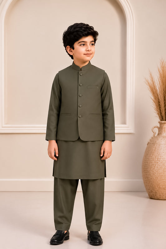 Army Green Kurta Trouser with Blended Waistcoat - Round Cut & Matching Fabric Buttons - Kids
