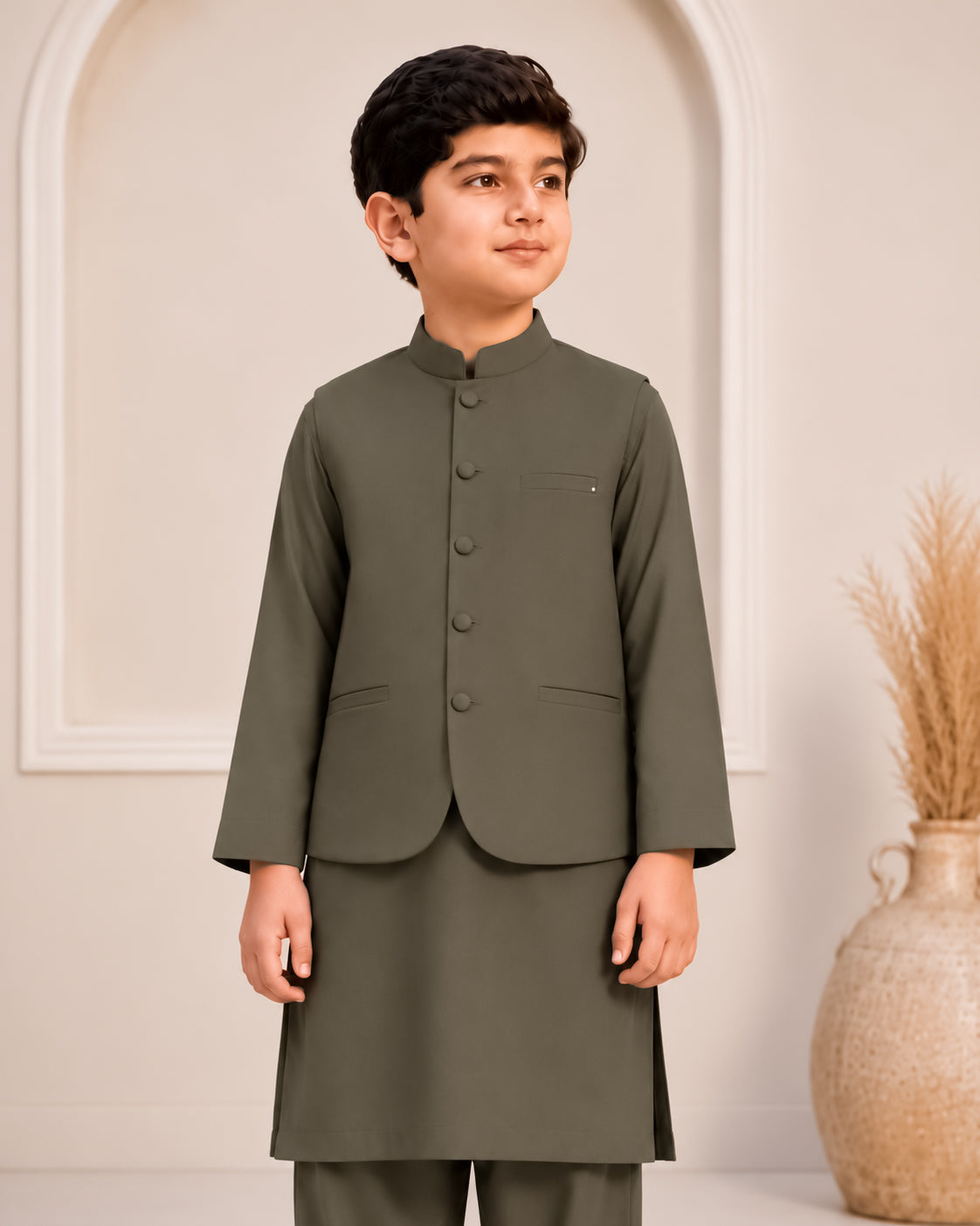 Army Green Kurta Trouser with Blended Waistcoat - Round Cut & Matching Fabric Buttons - Kids
