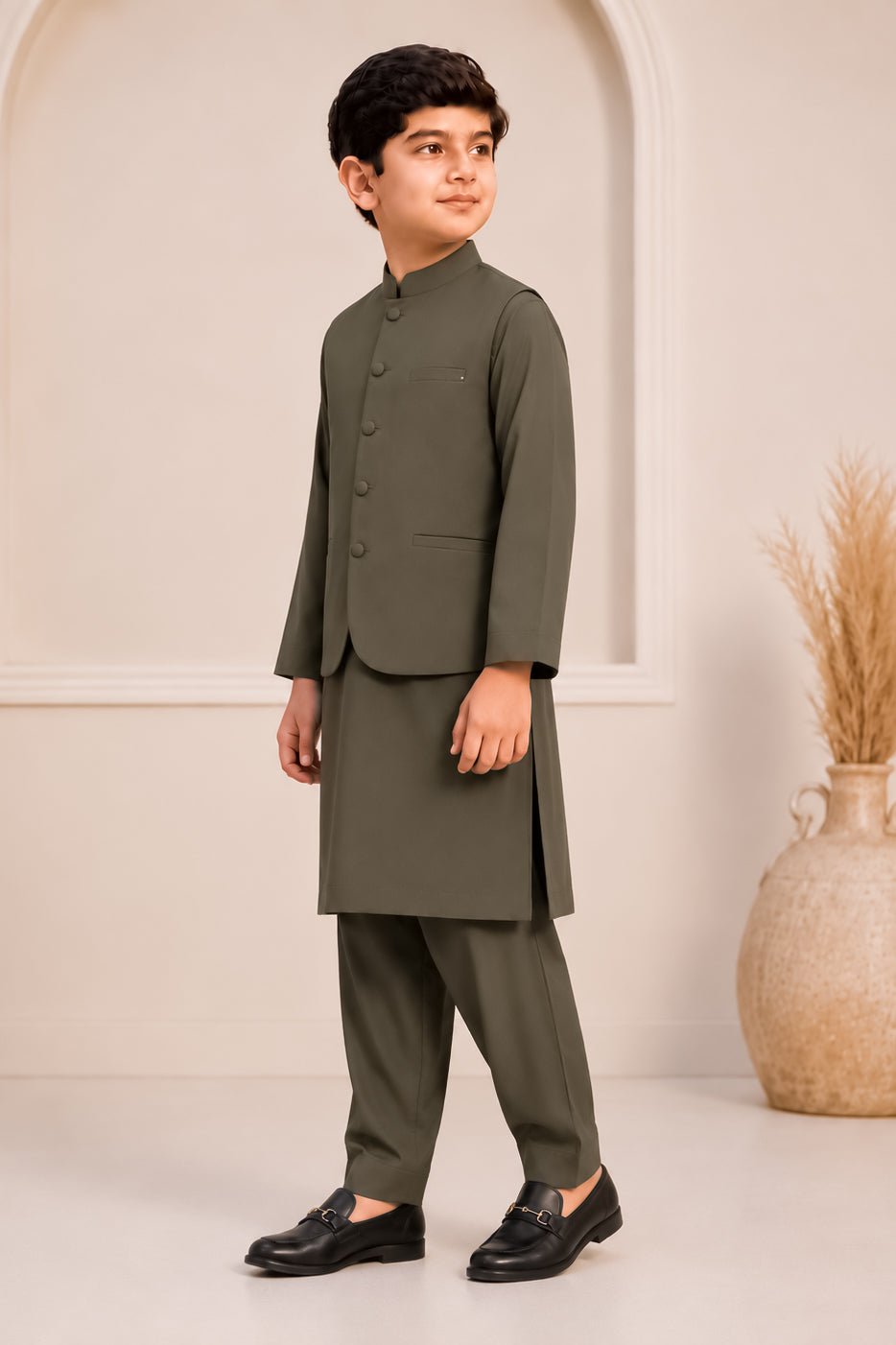 Army Green Kurta Trouser with Blended Waistcoat - Round Cut & Matching Fabric Buttons - Kids