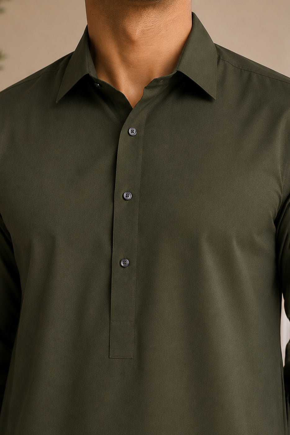 Army Green French Collar Shalwar Kameez - Stitched