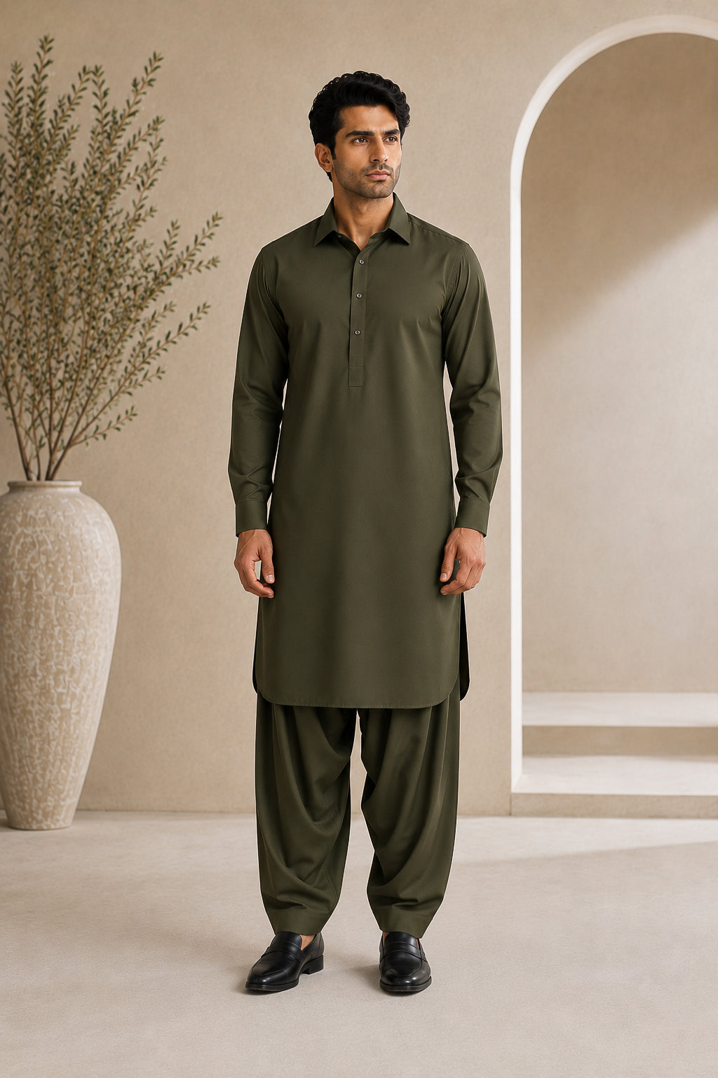 Army Green French Collar Shalwar Kameez - Stitched