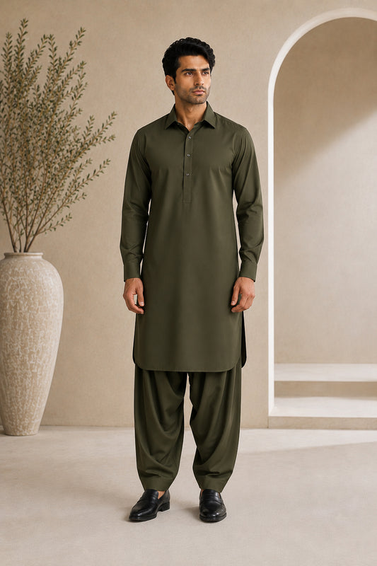 Army Green French Collar Shalwar Kameez - Stitched