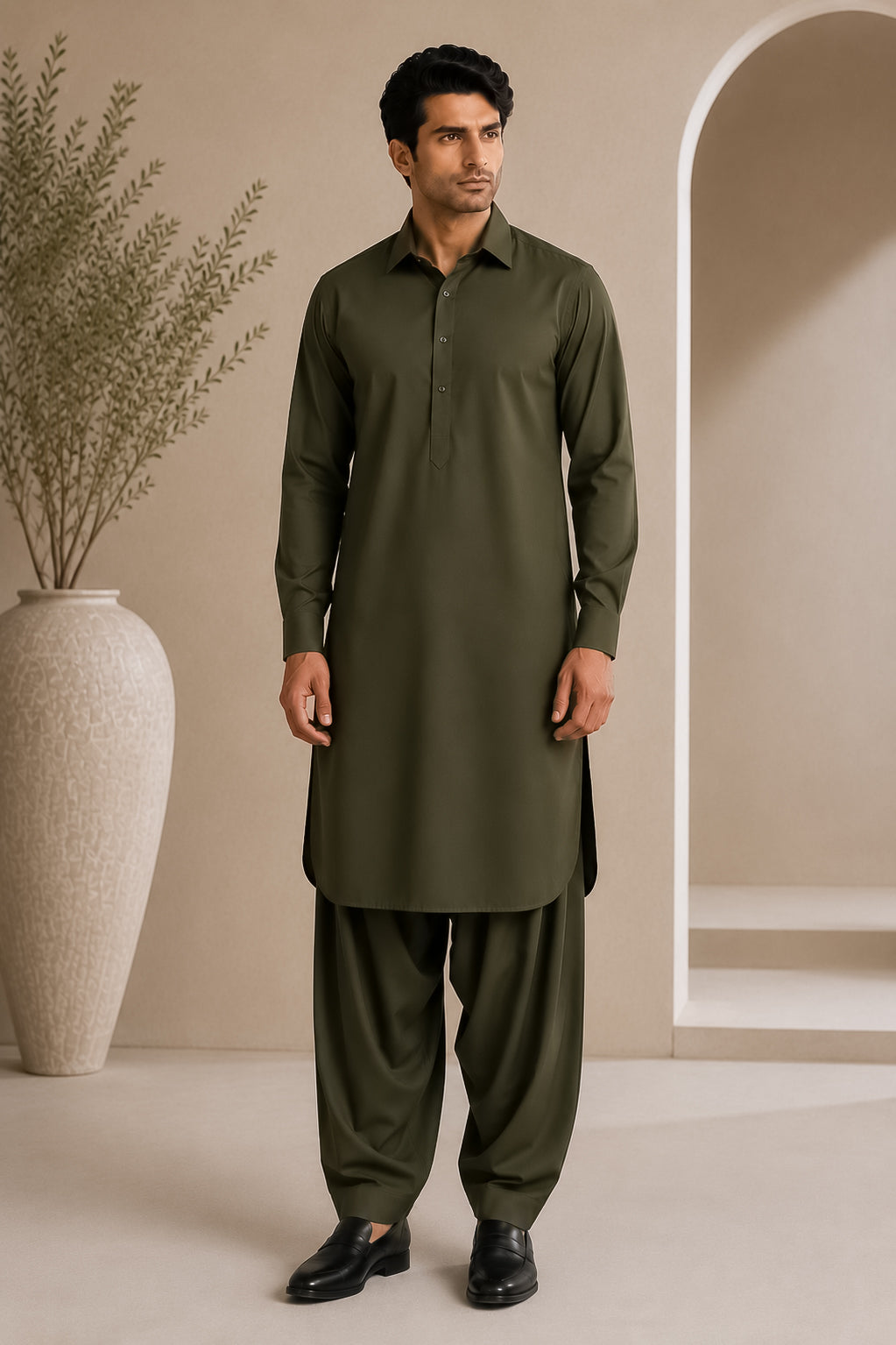 Army Green French Collar Shalwar Kameez - Stitched