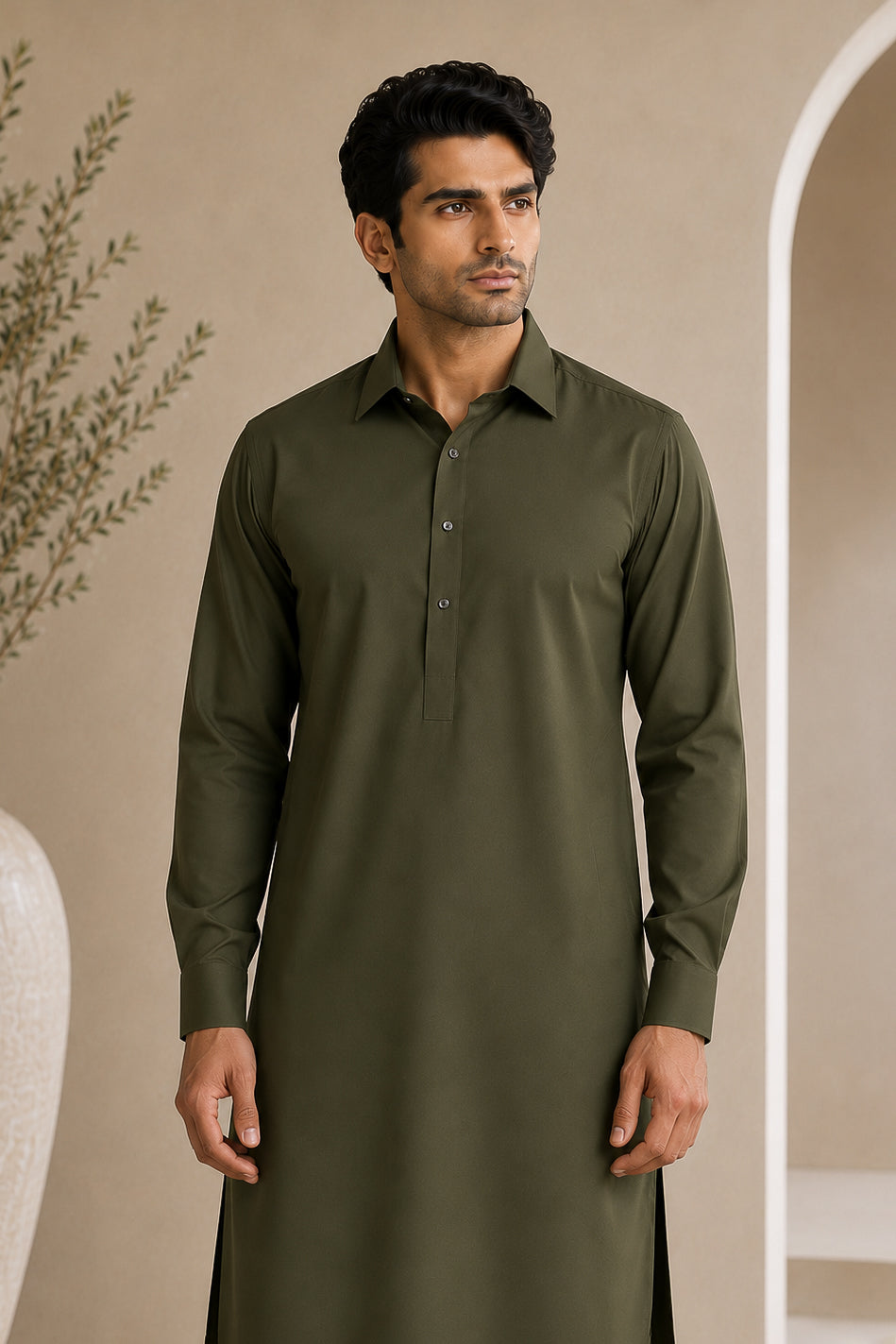 Army Green French Collar Shalwar Kameez - Stitched