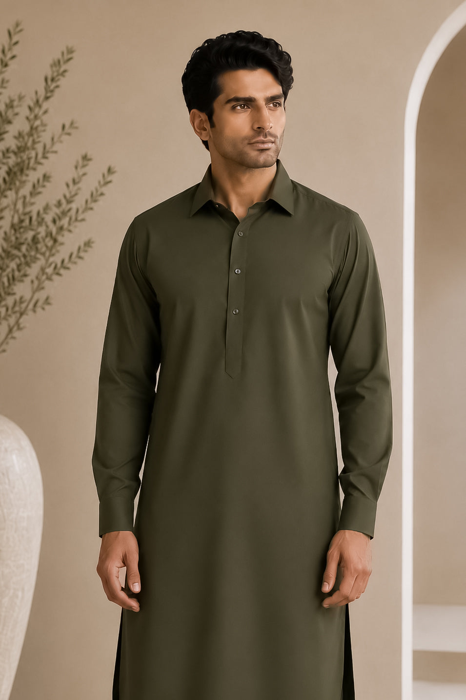 Army Green French Collar Shalwar Kameez - Stitched