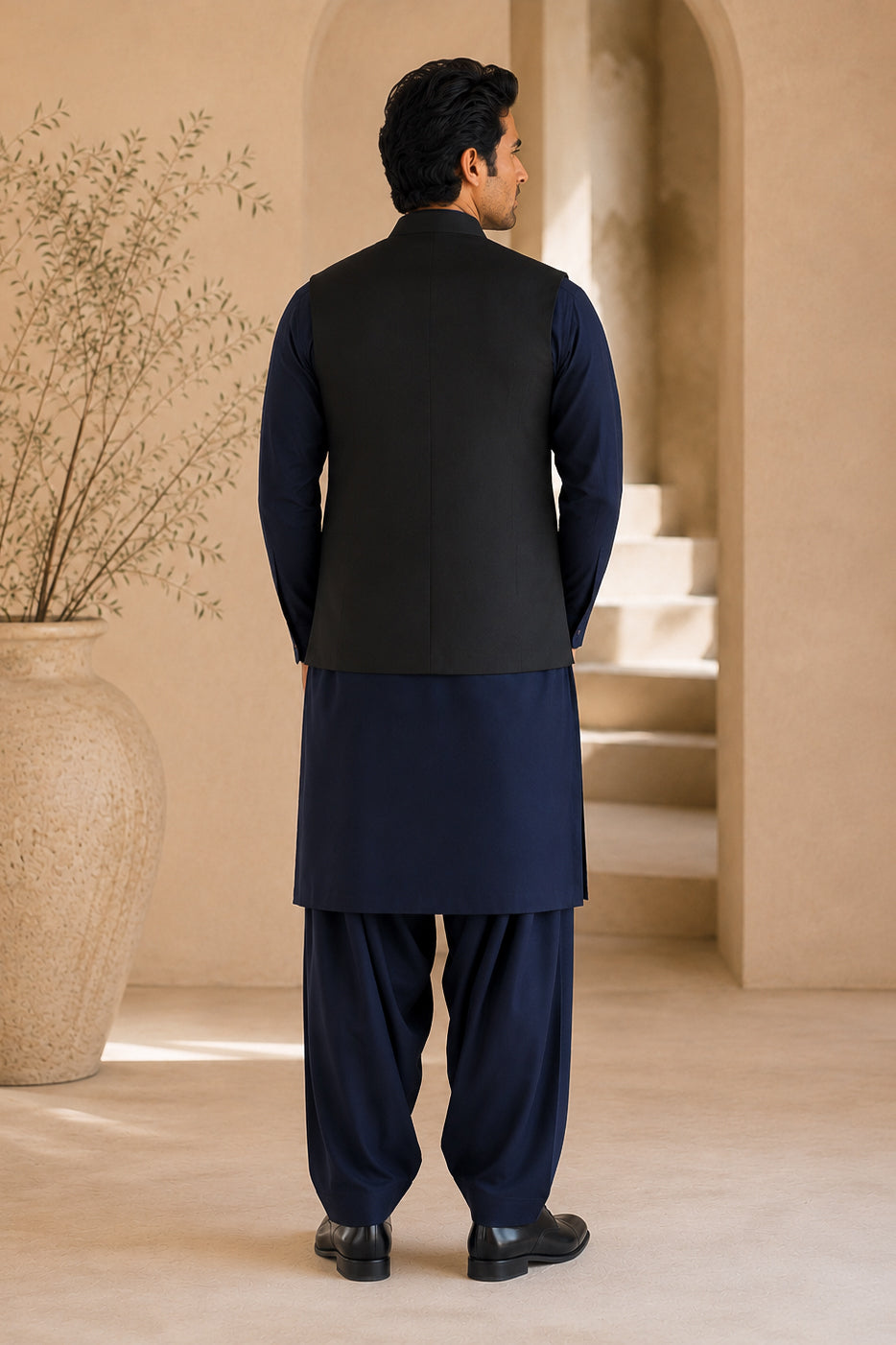 Navy Blue Kurta Shalwar with Black Suiting Waistcoat - Straight Cut - Men