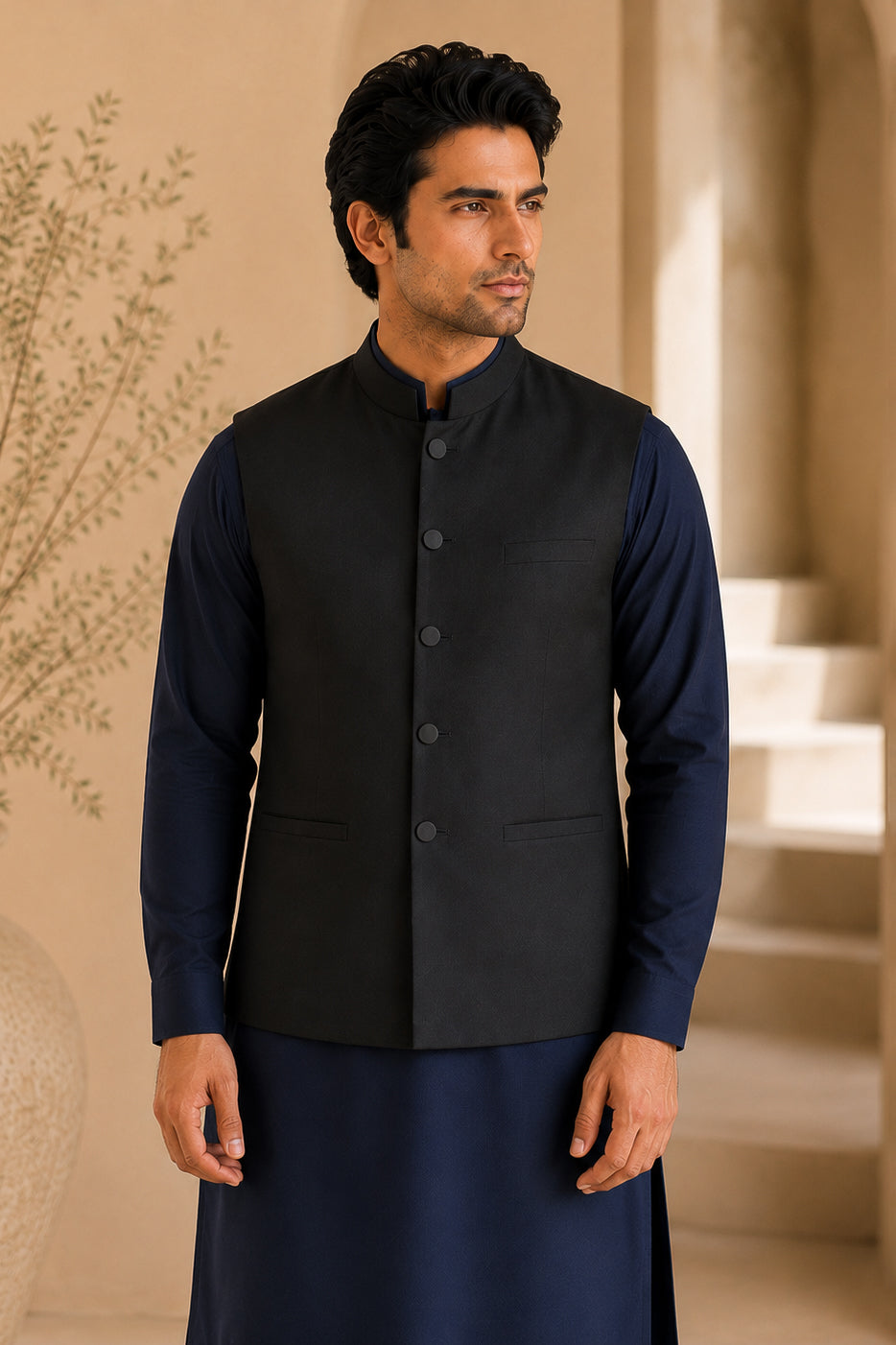 Navy Blue Kurta Shalwar with Black Suiting Waistcoat - Straight Cut - Men