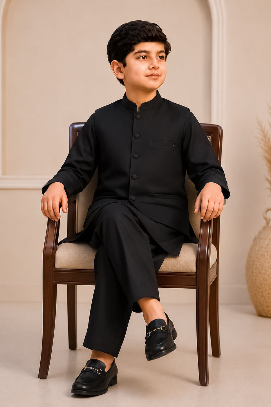 Black Kurta Trouser with Blended Waistcoat - Round Cut & Matching Fabric Buttons - Kids