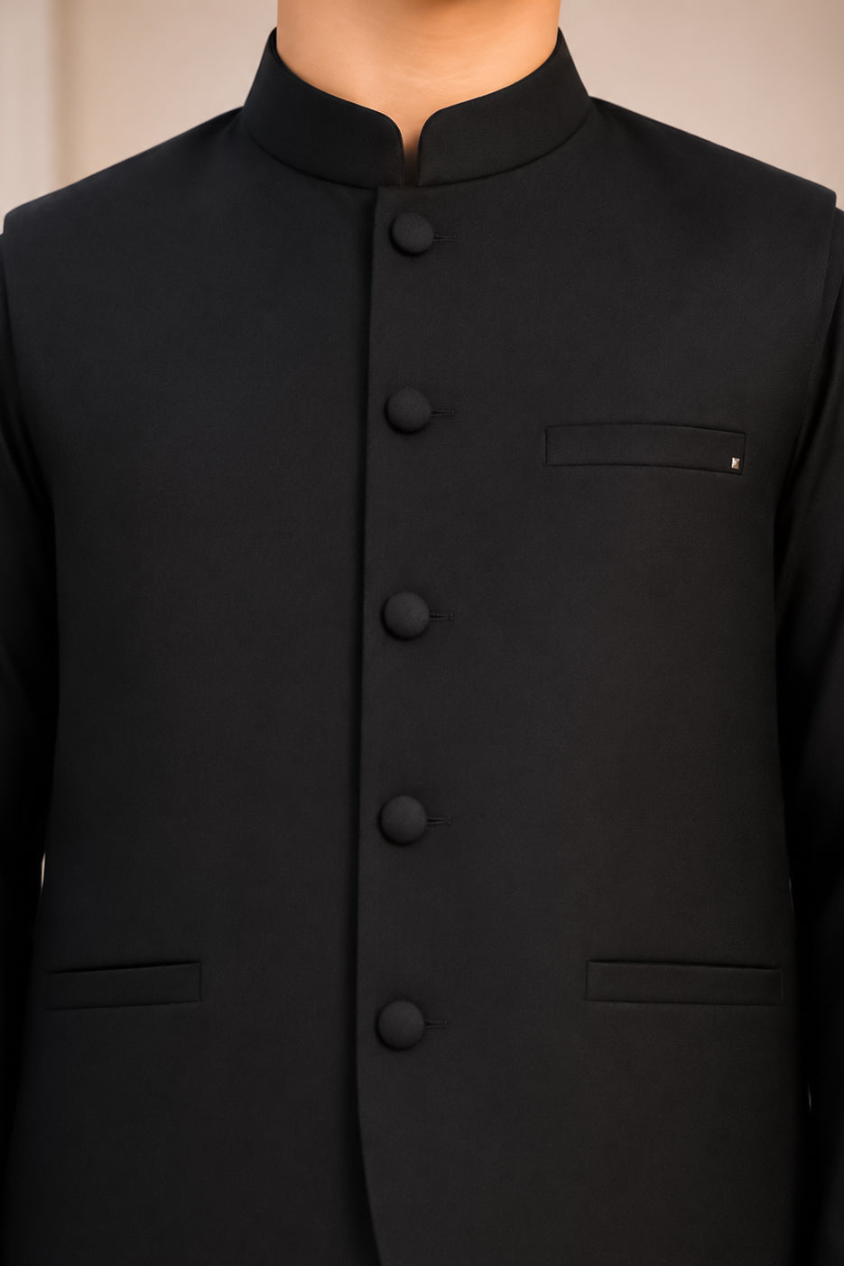 Black Kurta Trouser with Blended Waistcoat - Round Cut & Matching Fabric Buttons - Kids