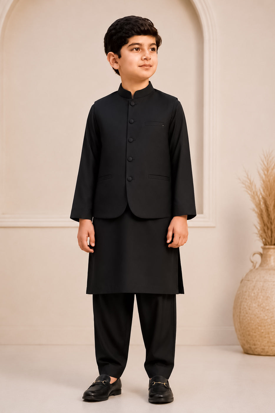Black Kurta Trouser with Blended Waistcoat - Round Cut & Matching Fabric Buttons - Kids