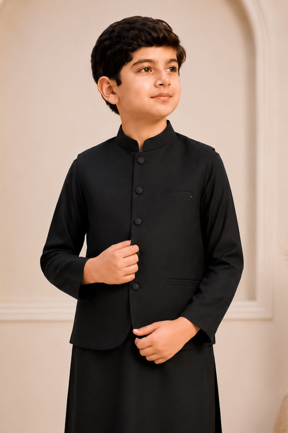 Black Kurta Trouser with Blended Waistcoat - Round Cut & Matching Fabric Buttons - Kids