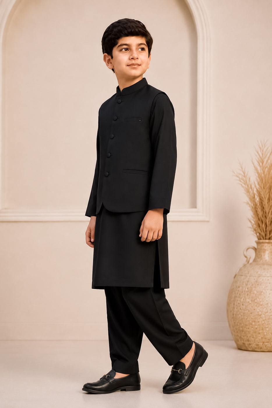 Black Kurta Trouser with Blended Waistcoat - Round Cut & Matching Fabric Buttons - Kids