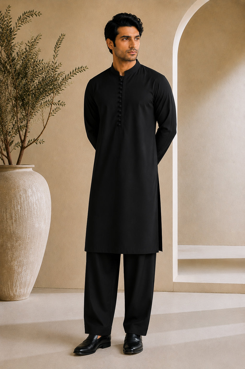 Black Luppi Cotton Shalwar Kameez - Stitched