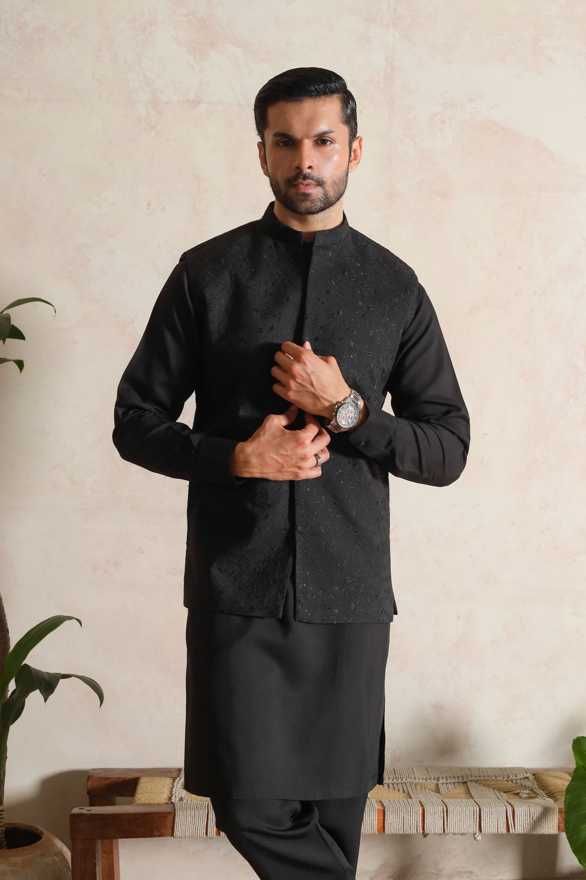 Black Embroidered Waistcoat with Kurta Trouser - Men