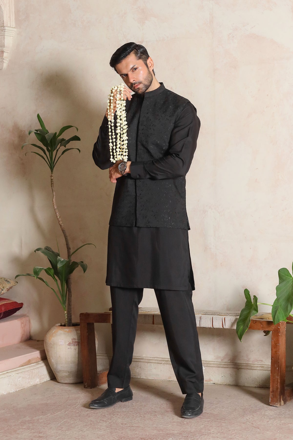 Black Embroidered Waistcoat with Kurta Trouser - Men