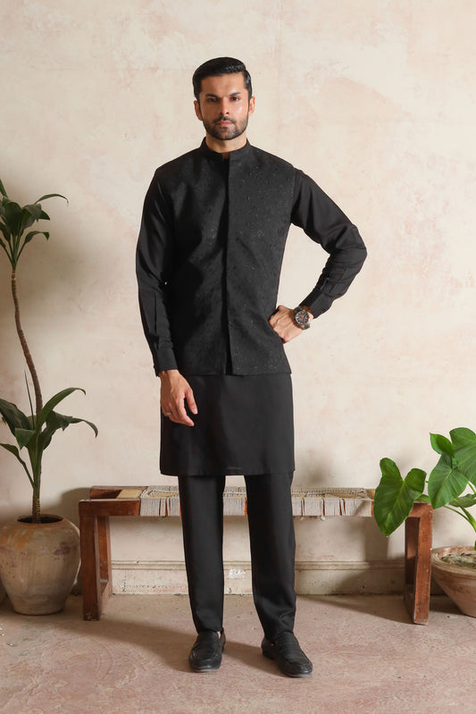 Black Embroidered Waistcoat with Kurta Trouser - Men